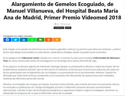 Premio Videomed del alargargamiento de gemelos proximal en 2018 Premio Videomed a nuestro equipo por el alargargamiento de gemelos proximal en 2018