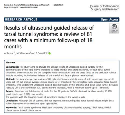 Results of ultrasound-guided release of tarsal tunnel syndrome: a review of 81 cases with a minimum follow-up of 18 months Results of ultrasound-guided release of<br />tarsal tunnel syndrome: a review of 81<br />cases with a minimum follow-up of 18<br />months