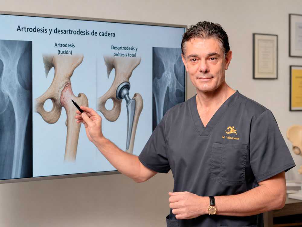 Dr. Manuel Villanueva explicando la diferencia entre artrodesis y desartrodesis de cadera con prótesis total