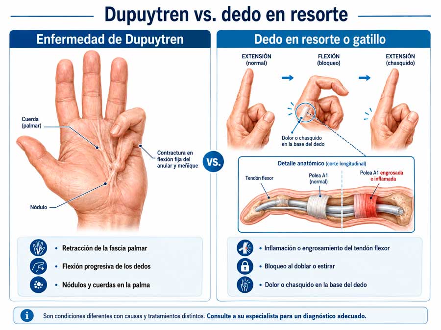 dedo en resorte vs enfermedad de Dupuytren
