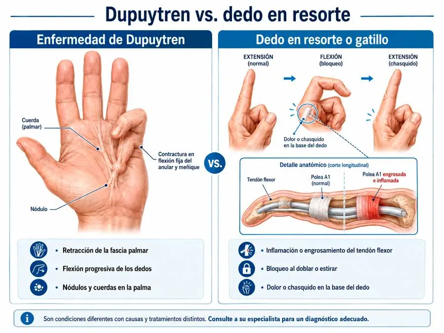 dedo en resorte vs enfermedad de Dupuytren
