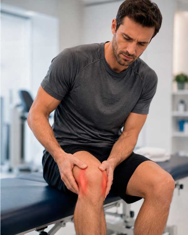 paciente con dolor por una lesión de los ligamentos colaterales de la rodilla