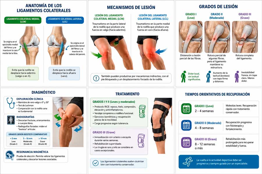 todo sobre la lesión de los ligamentos colaterales de la rodilla: mecanismos de lesión, grados de lesión, tratamientos y recuperación.
